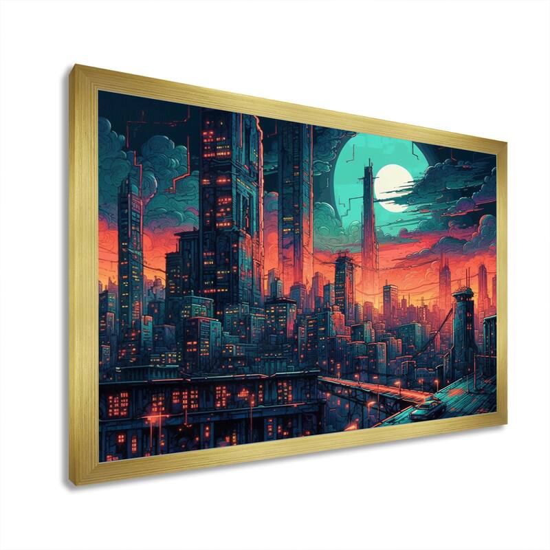 Designart "Green And Orange Metropolis Deco Ii" City Art Deco Framed